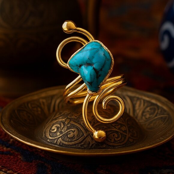 ๐๏ธTurkish Artisanal 18K Gold Plated Brass Adjustable Turquoise Cocktail Ring - Picture 3 of 12